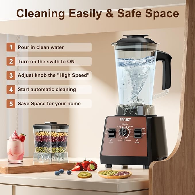Blenders for Kitchen, Smoothie Blender, 2400W/1000W Prasky Blender & Grinder Combo, 25,000 RPM High Speed, 68oz BPA-Free Food Processor, Countertop Blender for Smoothies, Shakes & Food (Brown, 2L)