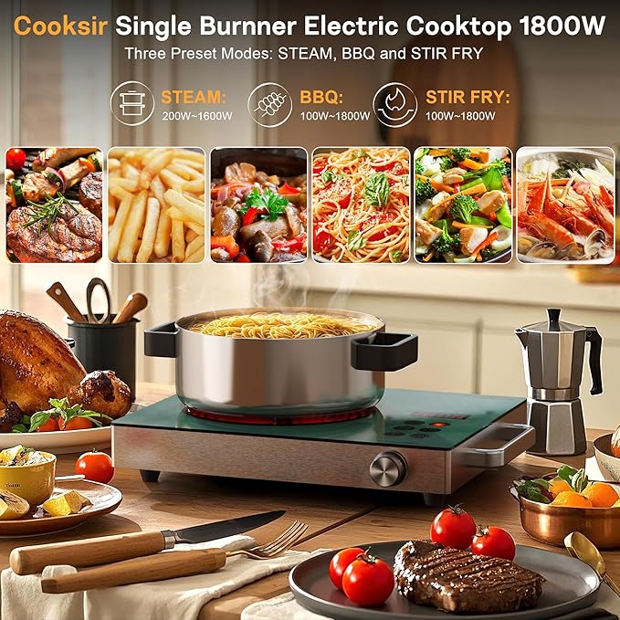 Single Burner Electric Cooktop - 110V 1800W Portable One Burner Hot Plate, Countertop Electric Stove top for Home, Camping, RV, Timer, Child Lock, Steam, BBQ, Stir Fry, 120V Plug in (Green)