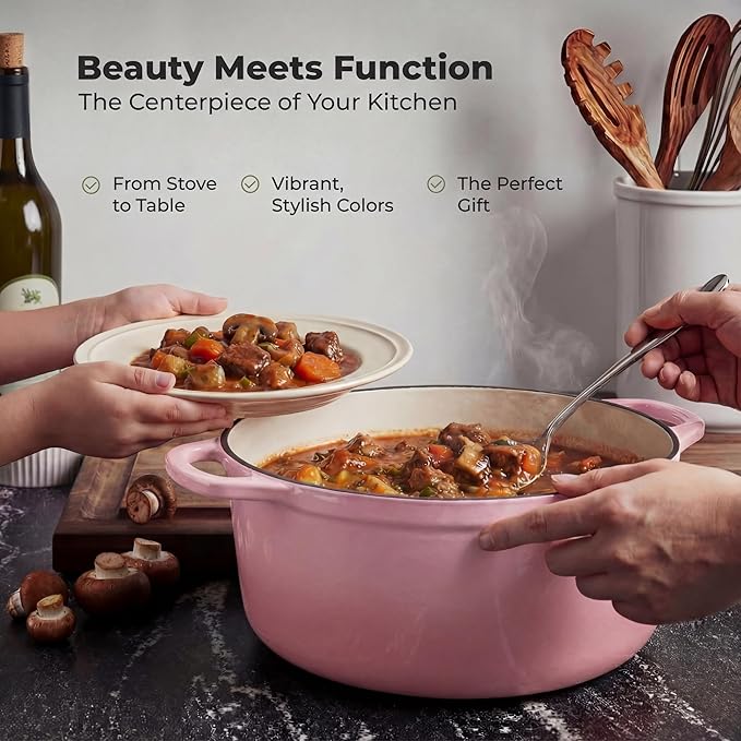 Zulay Kitchen 5 Quart Enameled Cast Iron Dutch Oven Pot with Lid – Premium Durability & Oven Safe up to 500°F – Heavy Duty Cookware Perfect for Bread Baking, Stews, Braising & Roasting – Pink