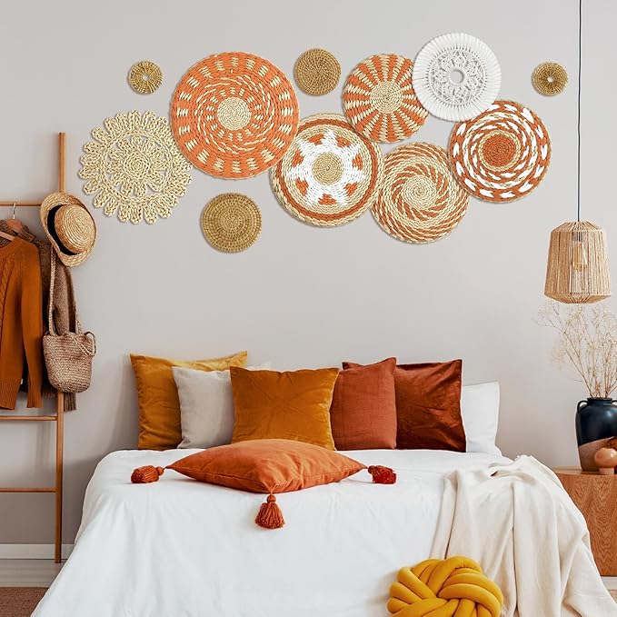 Tatuo 11 Pcs Boho Wall Basket Decor Bulrush Woven Wall Hanging Art Round Farmhouse Rustic Handmade Wicker for Summer Home, Bedroom, Living Room, Kitchen Decorations, Multi Sizes(Delicate)
