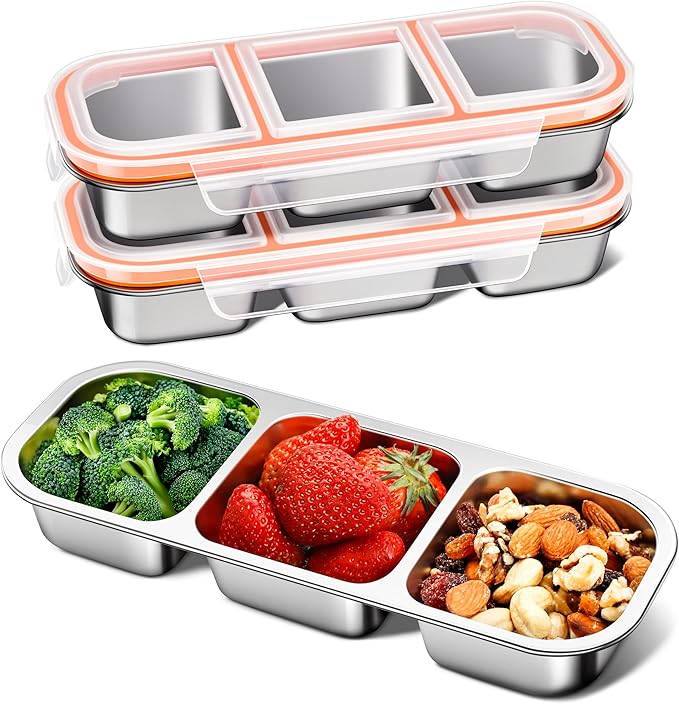 KTKUDY 3 Pack Stainless Steel Snack Containers for Kids & Adults - Large - Leak-Proof 3-Compartment Stackable Snack Lunch Boxes for Daycare, School, Work & Travel