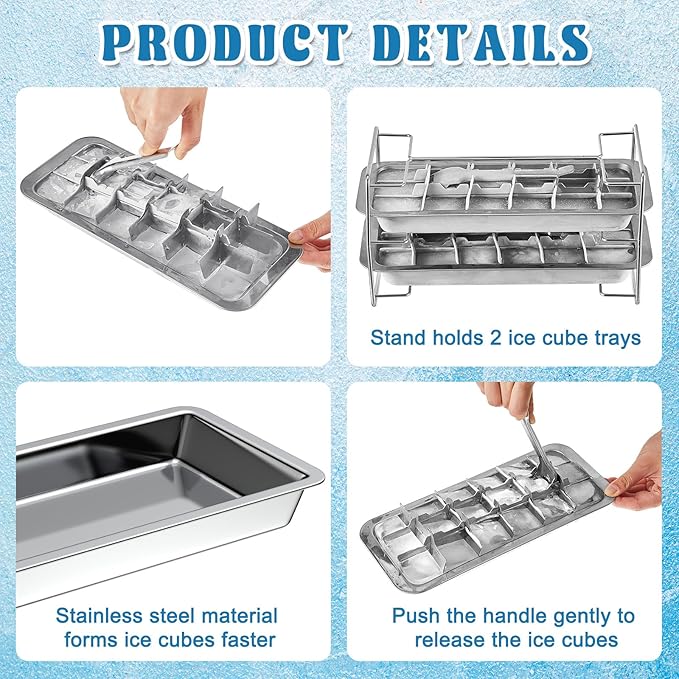 4 Pack Stainless Steel Ice Cube Tray Easy Release Handle Stand Durable Metal Ice Cube Trays for Bars Kitchens Dishwasher Whiskey 72 Large Slots for Easy Removal and Cleaning
