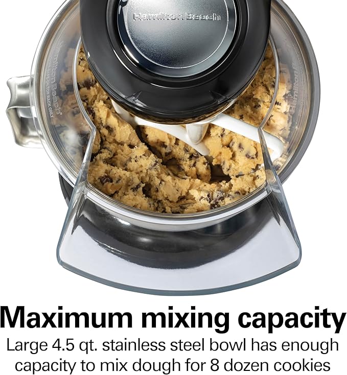 Hamilton Beach Die-Cast Metal Classic Electric Stand Mixer, 12 Speeds, 4.5-Quart Stainless Steel Bowl, Includes Flat Beater, Whisk, Dough Hook & Pour Shield, Powder-Coated Black Finish (63227N)