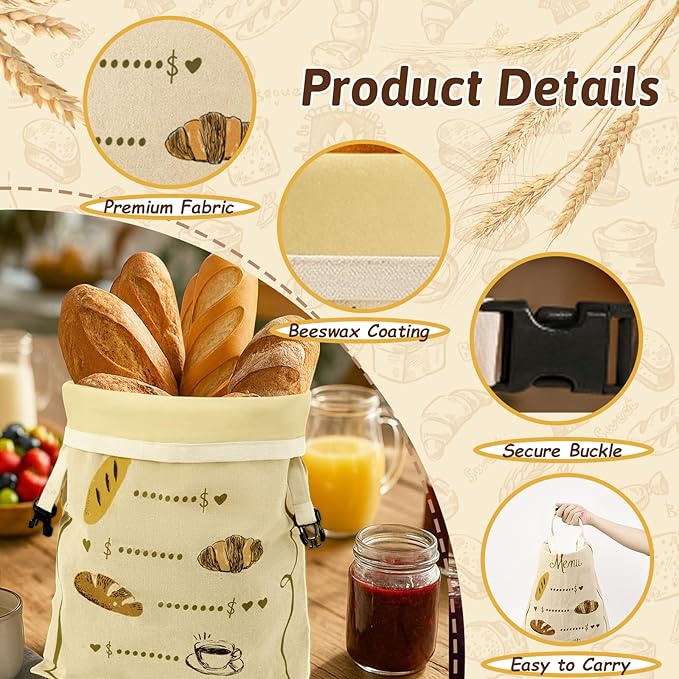 Reusable Beeswax Bread Bags Set – 2 Large Organic Linen Bread Bags (17 x 13 Inches) + 3 Beeswax Wraps for Food, Homemade Bread, Bagel,Sourdough, Freezer Safe & Keeps Food Fresh
