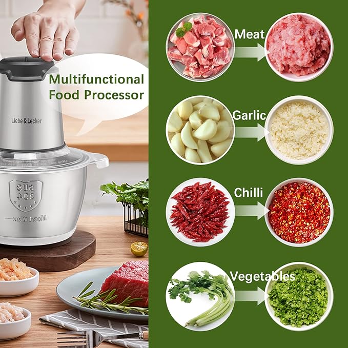 Liebe&Lecker Food Processor, Meat Grinder with 1 Bowl 8 Cup, Electric Food Chopper with 4 Large Sharp Blades for Meat, Fruits, Vegetables, Baby Food, Nuts, 2 Speed
