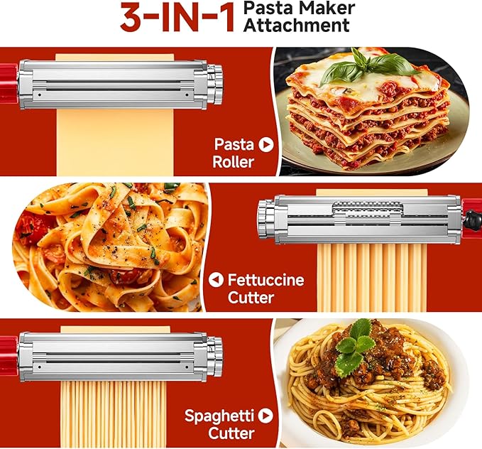 Pasta Maker Attachment for Kitchen Aid Stand Mixers, 304 Stainless Steel, Rust-Proof, 8 Thickness Settings, Easy to Clean, 3 in 1 Accessories for Homemade Spaghetti, Fettuccine, Lasagna