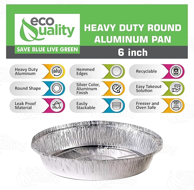 EcoQuality 6" Round Aluminum Foil Pans - Disposable Containers with Foldable Walls for Pie Baking, Cooking, Serving, Reheating, and Storing - Freezer and Oven Safe Tart Pan 150 Pack