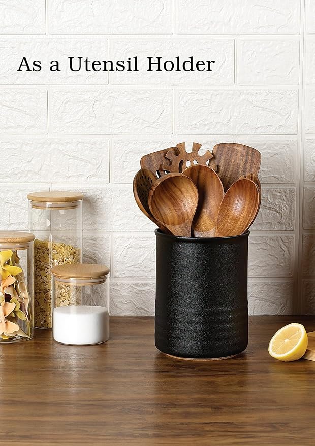 Utensil Holder, 6.7" Ceramic Kitchen Utensil Crock for Countertop Cooking, Modern Utensil Caddy Jar Organizer for Farmhouse Kitchen Counter Décor, Textured Black