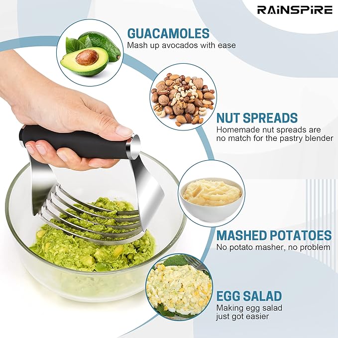 Rainspire XL Pastry Cutter For Baking, Heavy Duty Pastry Blender Stainless Steel, Thick Sharp Blades Dough Blender, Dough Cutter Butter Cutter Pastry for Easy Mixing, Dishwasher Safe (Black)