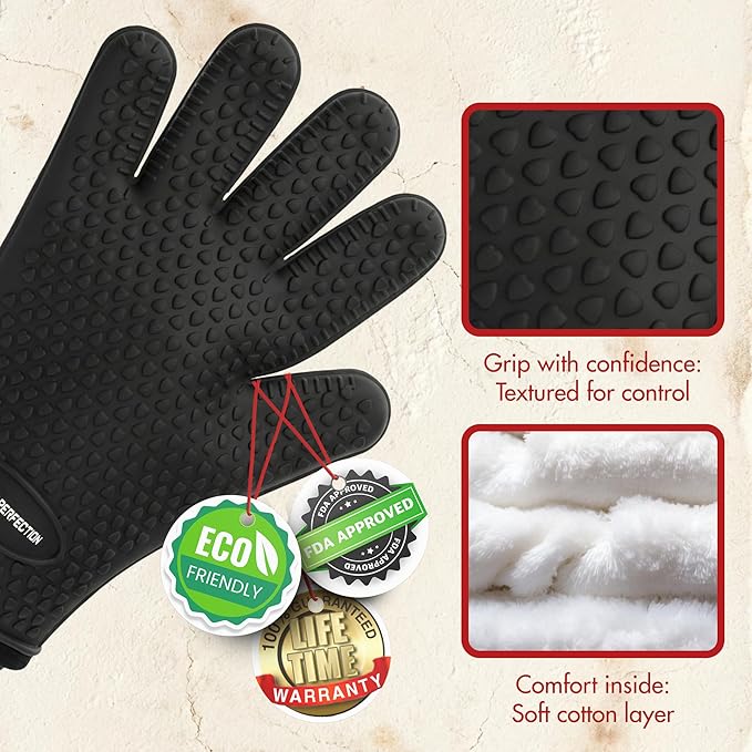 KITCHEN PERFECTION XL Silicone Oven & Griddle Gloves -Extreme Heat Resistant BBQ & Grilling Gloves -Handle Hot Food Right on Your Griddle |Waterproof Oven Mitts Grill Gloves |Superior Set+3 Bonuses