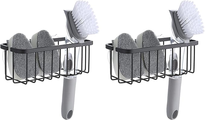 SunnyPoint NeverRust Deluxe Kitchen & Bathroom Sink Sponge Holder Organizer with Adhesive Mount - Additional Suction Cup Included – Sponge & Brush NOT Included – 7.4 x 3.3 x 2.75 Inch, BLK (Pack of 2)
