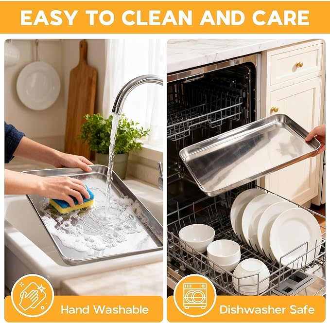 Onader Large Baking Sheet, 18 x 13 Inch Stainless Steel Half Sheet Baking Pans for Oven, Commercial Metal Cookie Pan Tray for Roasting Cooking, Mirror Finish & Dishwasher Safe, 2-Pack