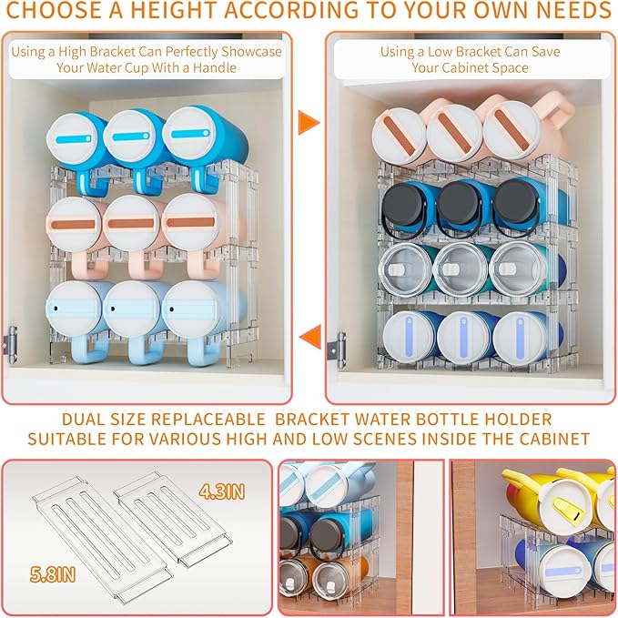 Yieach 3 Tier Stackable Water Bottle and Tumbler Organizer for Kitchen Cabinets,Large Waterbottle Holder and Cup Storage Organizer for 40 OZ Yeti,Owala or Stanley Cup Storage Rack With Handle Groove