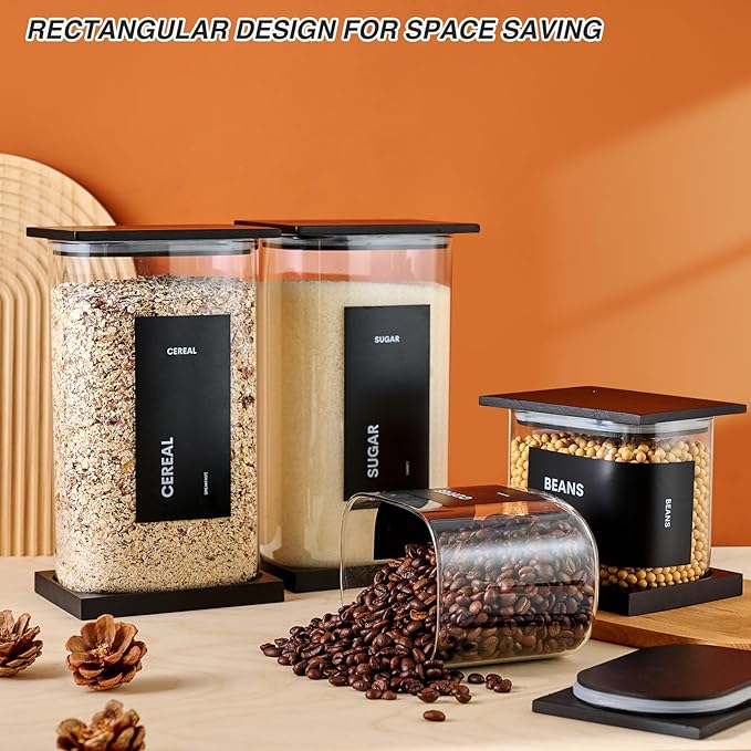 Glass Storage Jars with Bamboo Lids, 100oz Square Food Storage Containers for Kitchen Pantry Organization, Storage Canisters with Labels for Cereal Flour Beans Tea, Large Spice jars Seasoning Bottles