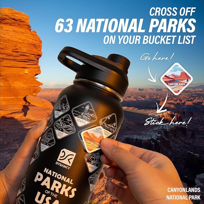 DYSANKY National Parks Water Bottle – 40 oz Insulated Stainless Steel Bottle with 63 Hand-Drawn Park Stickers, Carrier Bag, Strap & Gift Box – BPA-Free – Ideal for Hiking, Camping & Travel