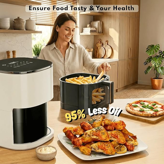 Airfryer 12-in-1,Large Air Fryer 6QT, Square Airfryers Non Toxic, Cooking, Fries, Custard, Chicken Wings, Sea Food, Vegetabels, Nonstick & Easy-Clean Basket, Beige