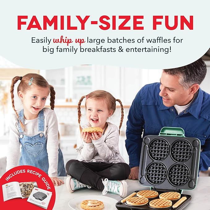Dash Multi Mini Waffle Maker- Quad Waffle Maker for Family Breakfasts - Dual Nonstick Heating Plates & Easy-Release Surface - Compact & Fast-Heating - Aqua