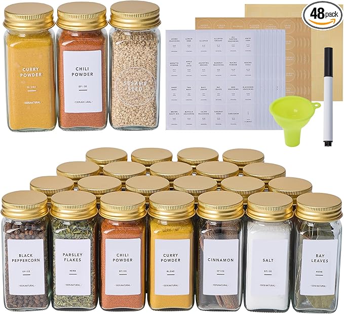 48 Pcs Glass Spice Jars with 576 Labels, 4oz Empty Square Spice Containers,Seasoning Bottles with Gold Metal Caps - Shaker Lids, Funnel and Pen Included