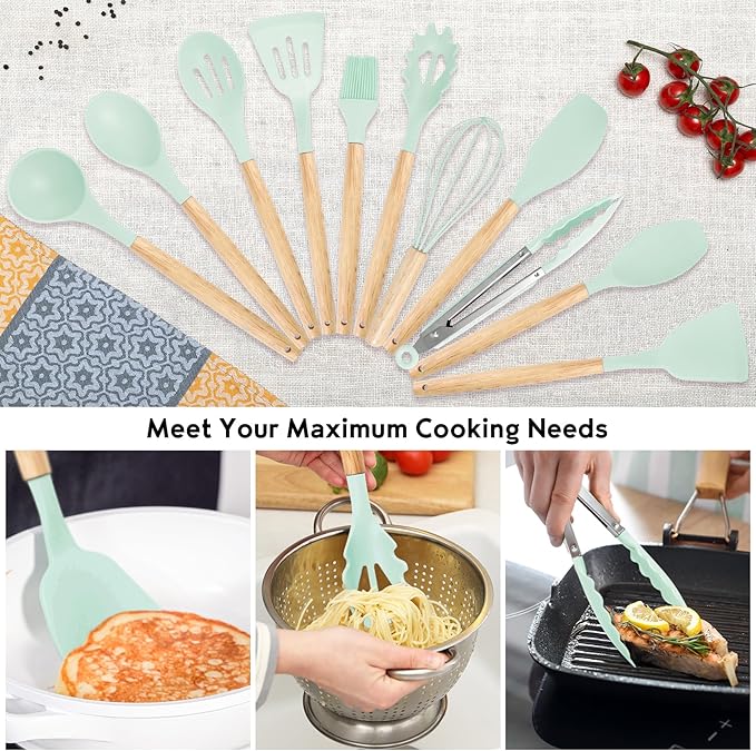 19 PCS Kitchen Cooking Utensils Set, 11 Pieces Silicone Cooking Utensils Set 6 Pieces Sharp Stainless Steel Green Knife Set with 1 Piece Cutting Board, Ideal for Apartment