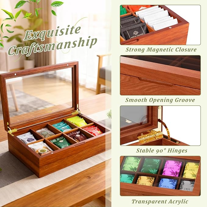 LANNEY Tea Bag Organizer - Acacia Wooden Tea Box Organizer Storage Box, Bag Holder Container with 8 Removable Compartments, Clear Window and Magnetic Lid for Coffee Sugar Countertop Kitchen Cabinet
