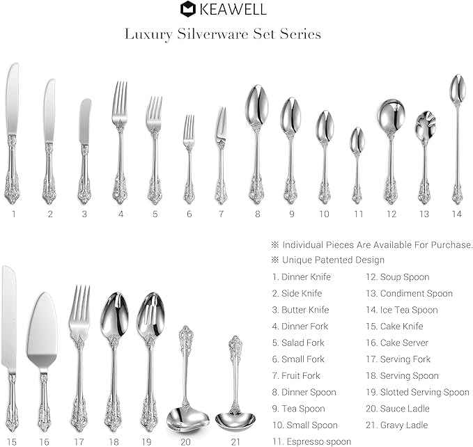 KEAWELL Luxury 45-Piece Silverware Set, 18/10 Stainless Steel, Service for 8, Mirror Finish, Antique Baroque Design, Dishwasher Safe (Silver)