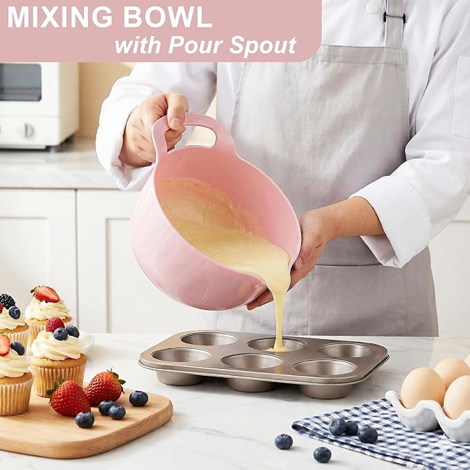 BoxedHome 4 Pack Nesting Mixing Bowl with Pour Spout and Handle, BPA free Microwave & Dishwasher Safe(Pink, 4 Pack with Handle)