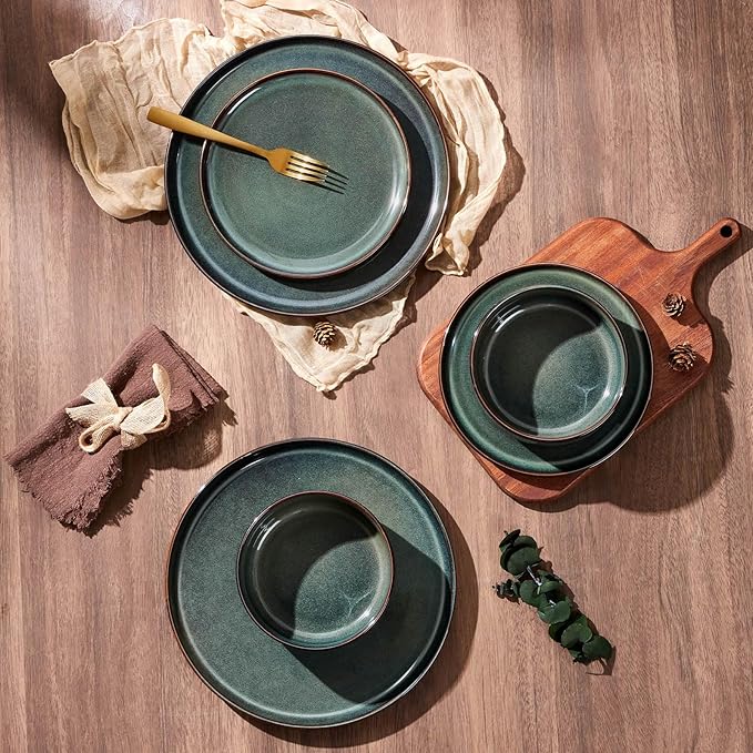 E-far Dinnerware Sets for 6, 18-Piece Stoneware Plates and Bowls Set, Ceramic Dishes Reactive Glaze Dinning Ware, Microwave & Dishwasher Safe - Obsidian Green