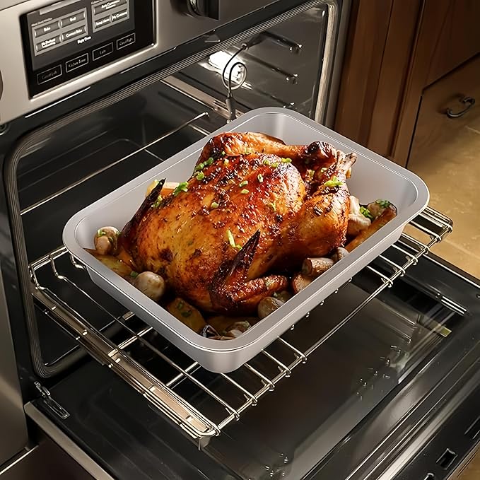 Roasting Pan Heavy Duty Stainless steel Turkey Pans for Oven,Toaster Oven Tray Pans with cooling rack,Hotel Pan, Barbeque Grill Pan,Deep Edge,Mirror treatment, Dishwasher Safe (14"x10.4"x2.8")