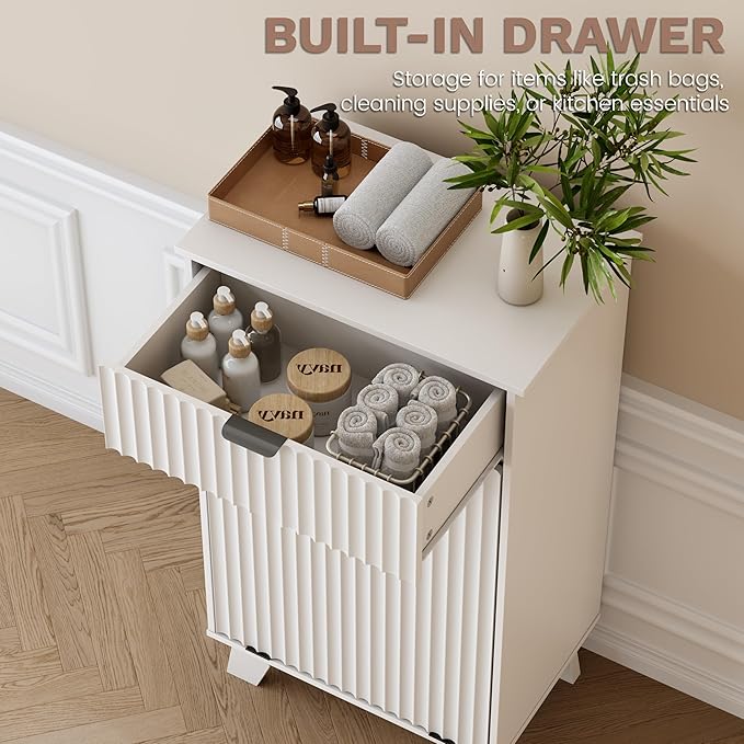 Modern Tilt Out Laundry Hamper Cabinet, 10 Gallon Wooden Trash Can Cabinet with Storage Drawer, Hidden Fluted Bathroom Storage Cabinet for Kitchen, Living Room (White, 20.47"W x 35.83"H x 13"D)