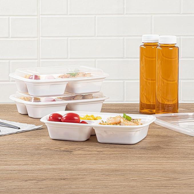 Restaurantware Asporto 26 Ounce Compartment Take Out Boxes, 100 Microwavable Meal Prep Containers - 3 Compartments, With Clear Plastic Lids, White Plastic Food Containers, Do Not Contain BPA