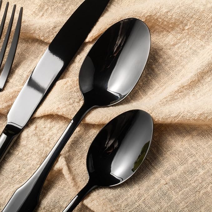 Alata Kate Black Mirror 45-Piece Silverware With Utensil-Serving Set, Service for 8, Stainless Steel Flatware, Mirror Polished Cutlery, Dishwasher Safe