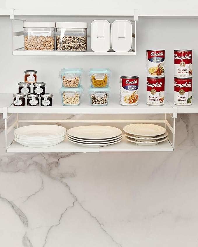 2Pack Under Shelf Storage Basket Organizer Expandable Width Add-On Space Saver Hanging Under Cabinet Pantry Kitchen Countertop Desktop Board Slide-in White Heavy-Duty Metal Higher Size