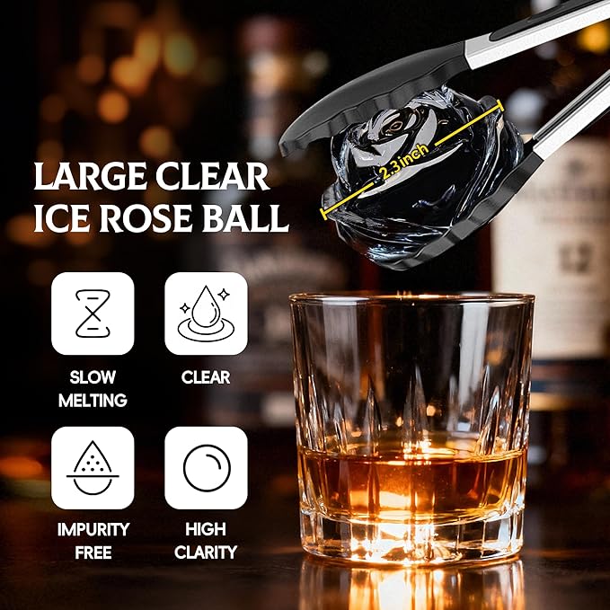 Clear Rose Ice Mold Maker – 2.3 Inch Silicone Tray for Crystal Clear Ice Cubes, Reusable Whiskey & Cocktail Ice Maker, Easy Release, Dishwasher Safe, for Home Bartenders & Romantic Dinner Party