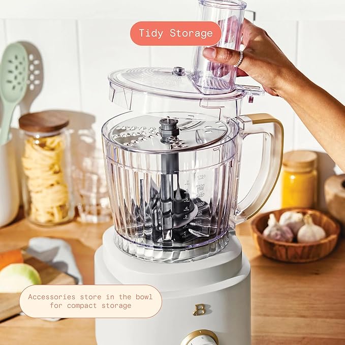 Beautiful by Drew Barrymore 10-Cup Food Processor, 500-Watts, Variable Speed, Pulse, 3" Wide Feed Tube, Stainless Steel Blades, Dishwasher Safe, Large Bowl, Accessories Included (White Icing)