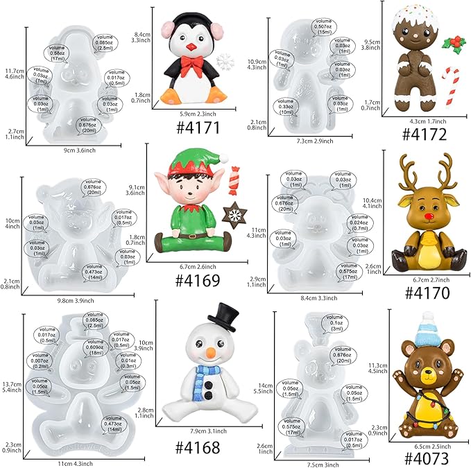 FUNSHOWCASE Christmas Silicone Molds Penguin Reindeer Snowman Gingerbread Man Santa Elf Bear Height 3-4inch for Fondant Cake Decoration Cupcake Topper Epoxy Resin Casting Polymer Clay Craft