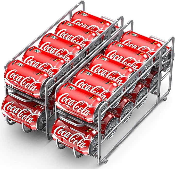 Canyave Soda Can Organizer Storage Rack, 2 Pack Stackable Beverage Soda Can Dispenser Organizer Holder for Refrigerator, Cabinet, Pantry (Silver)