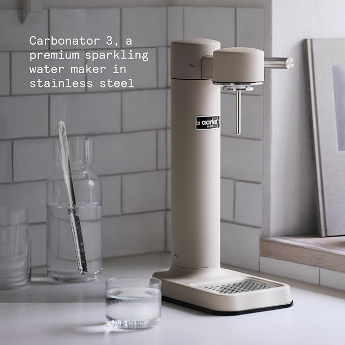 Aarke Carbonator lll with CO2 Cylinder, Sparkling & Carbonation Water Machine, Stainless Steel with PET BPA-Free Reusable Bottle Volume 1L/34 fl oz (Sand)