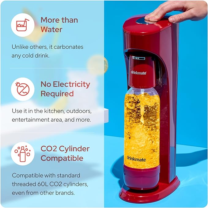 Drinkmate OmniFizz Sparkling Water Maker & Soda Streaming Machine | Carbonates Any Drink | BPA-Free Bottle | No Batteries or Electricity Required | CO2 Not Included (Royal Red)