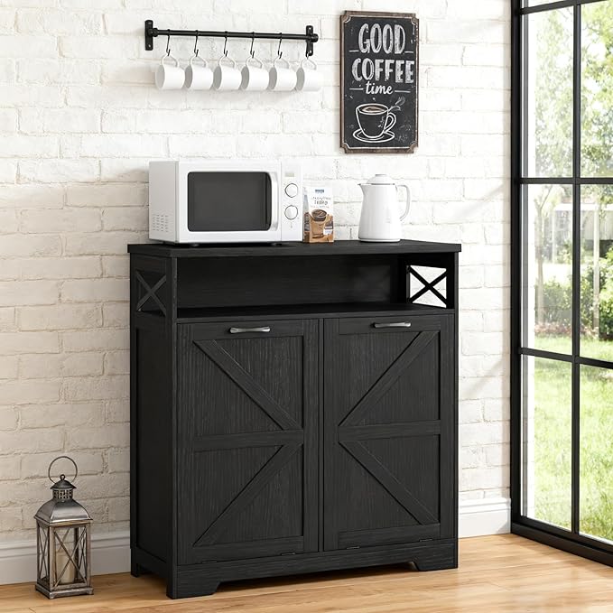 Befrases Tilt Out Trash Can Cabinet for 13 * 1 Gallon Trash Can, Farmhouse Kitchen Island Cabinet with Adjustable Shelf for Hidden Laundry Basket, Dog Proof Garbage Can for Dining Living Room, Black