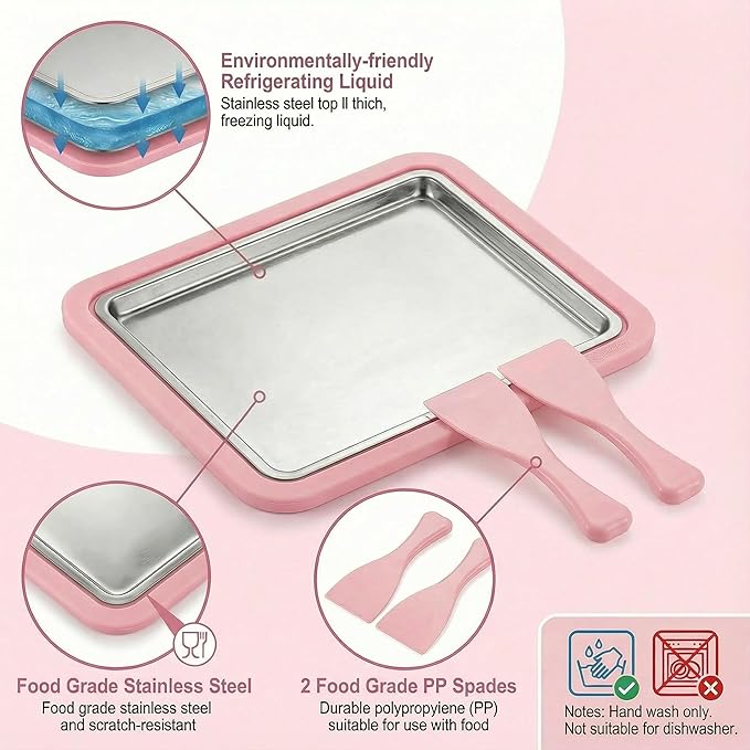 Rolled Ice Cream Maker, Ice Cream Tray with Ice Cream Roller, Manual Homemade Ice Cream Maker for Frozen Yogurt Sorbet, Ice Cream Tray for Family (Pink)
