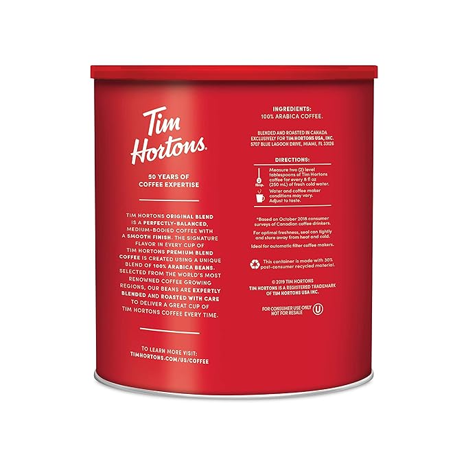 Tim Hortons Original Blend, Medium Roast Ground Coffee, Canada’s Favorite Coffee, Made with 100% Arabica Beans, 48 Ounce Canister