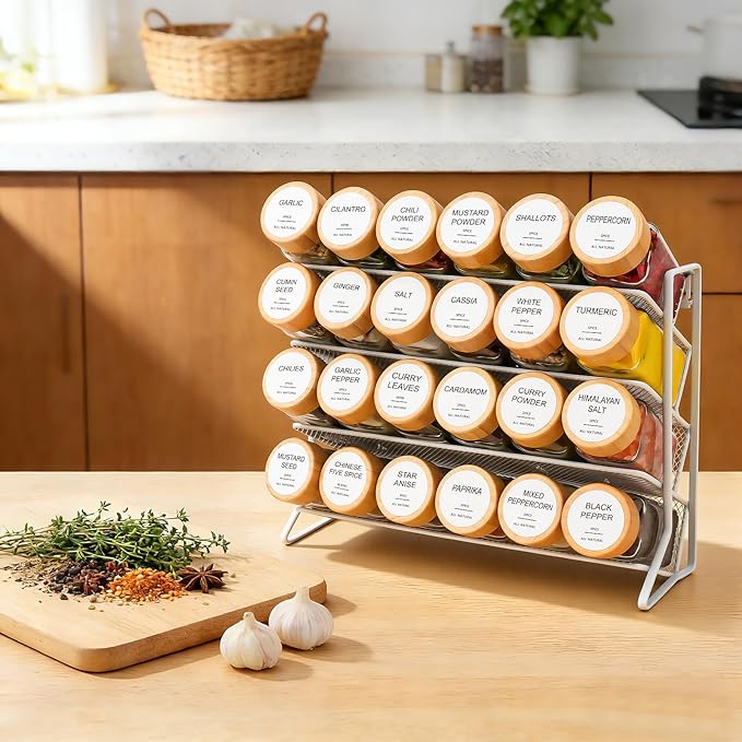AISIPRIN Spice Rack with Spice Jars 398 Labels,4oz 24 Pcs Spices Jar with Bamboo Airtight Lids,Spices Container Set Seasoning Organizer for Countertop, Cabinet, Kitchen, Pantry, Cupboard