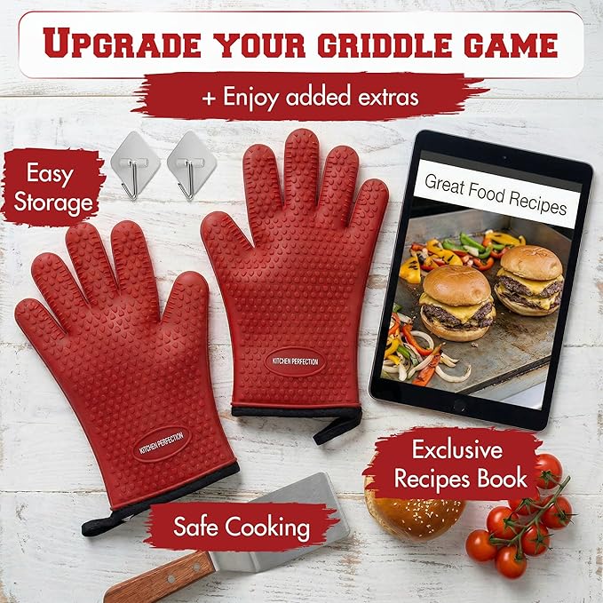KITCHEN PERFECTION Silicone Oven & Griddle Gloves -Extreme Heat Resistant BBQ & Grilling Gloves -Handle Hot Food Right on Your Griddle |Waterproof Oven Mitts Grill Gloves |Superior Set+3 Bonuses