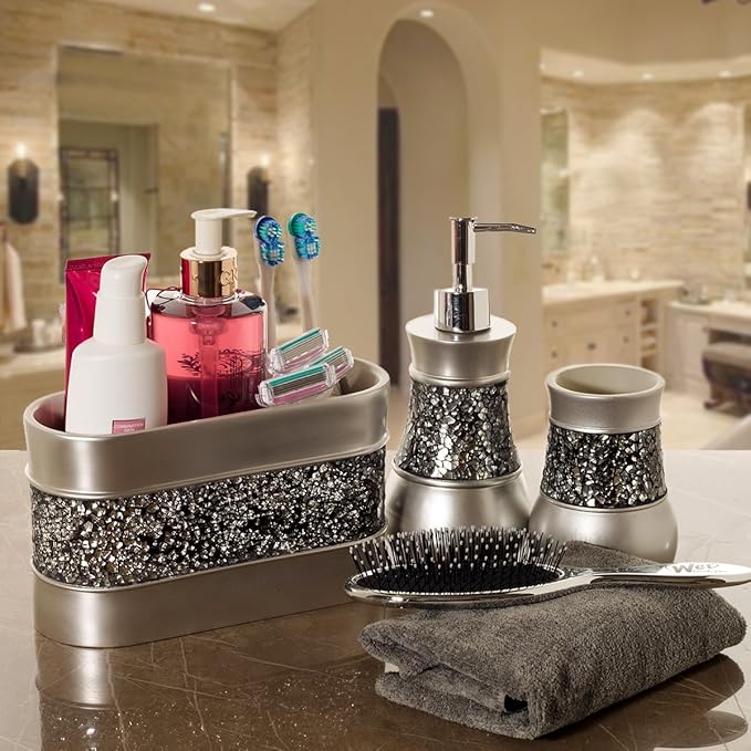 Creative Scents Crackled Glass Silver Toothbrush and Toothpaste Holder for Bathroom - Decorative Bathroom Counter Electric Toothbrush Organizer, 3 Slot, Makeup Brush Holder