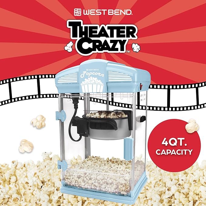 West Bend Stir Crazy Movie Theater Popcorn Popper, Gourmet Popcorn Maker Machine with Nonstick Popcorn Kettle, Measuring Tool and Popcorn Scoop for Popcorn Machine, 4 Qt., Blue