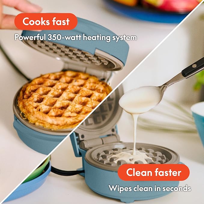 bella Snack-n-Store Min Waffle Maker, EverGood™ Ceramic Nonstick Coating, Cord Wrap, Ready Indicator Light & Cool Touch Handles, Stackable Design & Customizable Plates, 350 Watt, Surf