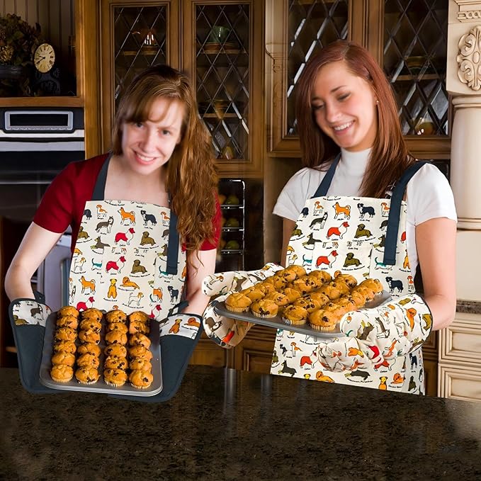 Alselo Oven Mitts and Pot Holders with Chef Apron,Set of 5 Heat Resistant Kitchen Gloves and Silicone Non-Slip Potholders Adjustable Neck Buckle Chef Apron, Cotton Nice Design for Cooking (Dog)