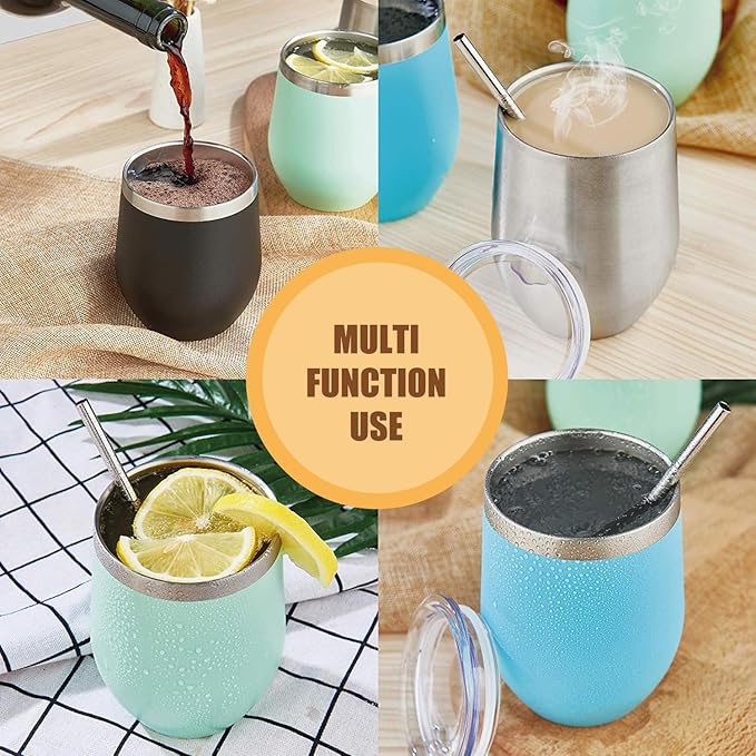 Amtidy 8 Pack Powder Coated Stainless Steel Tumbler with Lid,Equipped with straw and straw brush，12 oz Double Wall Vacuum Insulated Travel Tumbler Cup for Coffee, Wine, Cocktails