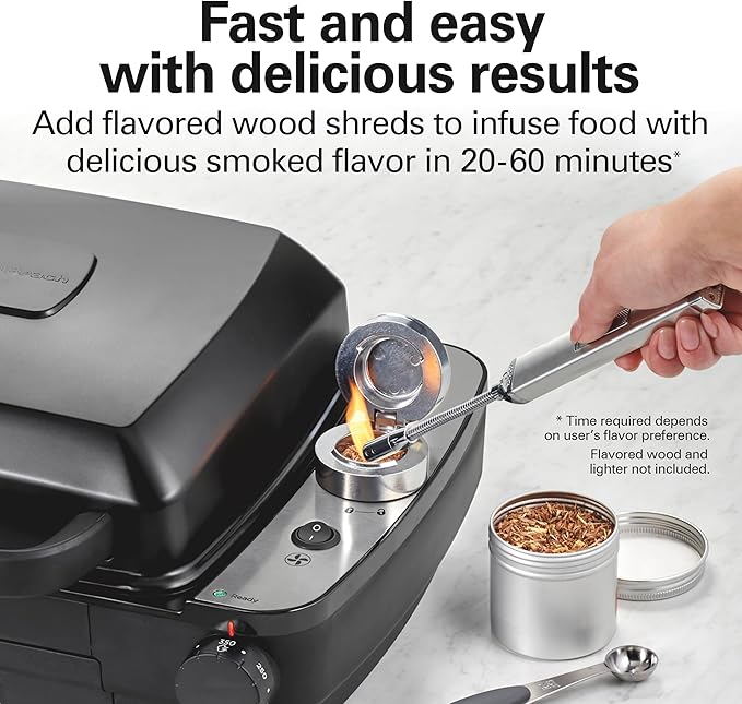 Hamilton Beach Electric Indoor Grill with Hot and Cold Smoke Infuser, 150°F - 450°F Temperature Control For Searing, Vented Hood and Fan, 116 Sq. In. Non-Stick Cooking Surface, Black (25375)