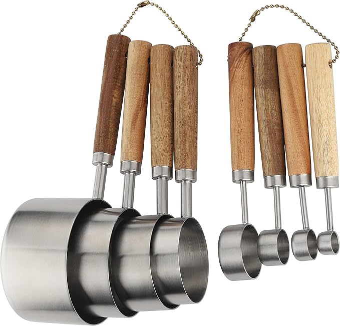 Measuring Cups and Spoons Set Stainless Steel Measuring Cups and Spoons with Wood Handle for Dry and Liquid Ingredients